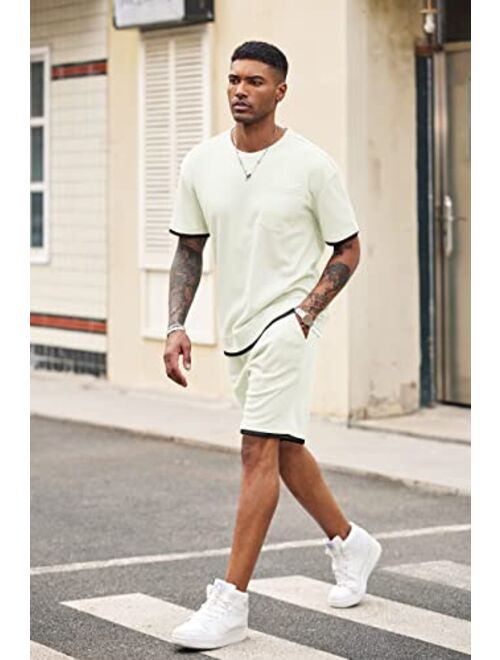 COOFANDY Men's Waffle Shirt and Shorts Set 2 Piece Outfits Casual Summer Tracksuits Set with Pockets