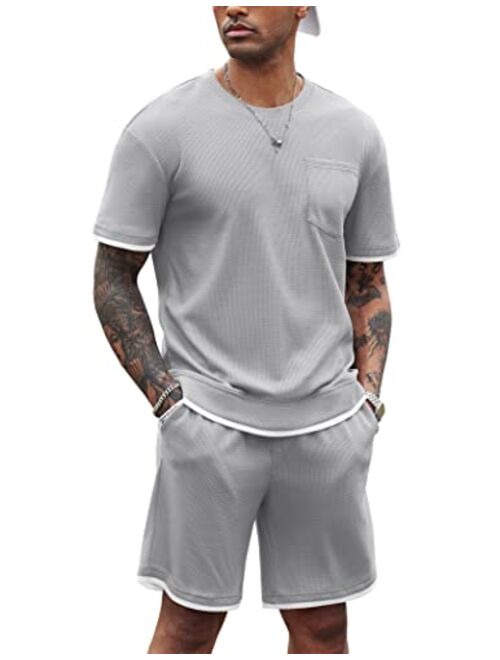 COOFANDY Men's Waffle Shirt and Shorts Set 2 Piece Outfits Casual Summer Tracksuits Set with Pockets