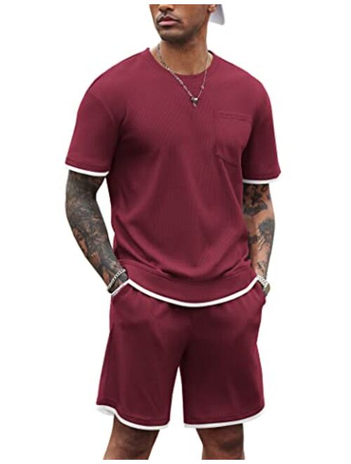 COOFANDY Men's Waffle Shirt and Shorts Set 2 Piece Outfits Casual Summer Tracksuits Set with Pockets