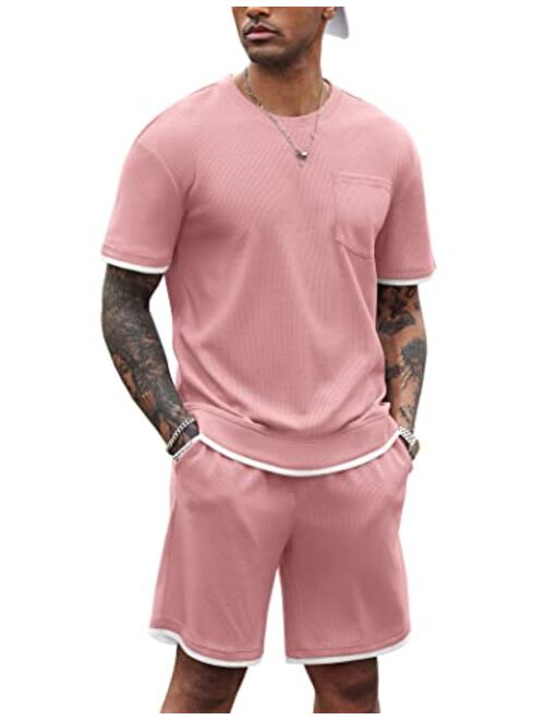 COOFANDY Men's Waffle Shirt and Shorts Set 2 Piece Outfits Casual Summer Tracksuits Set with Pockets