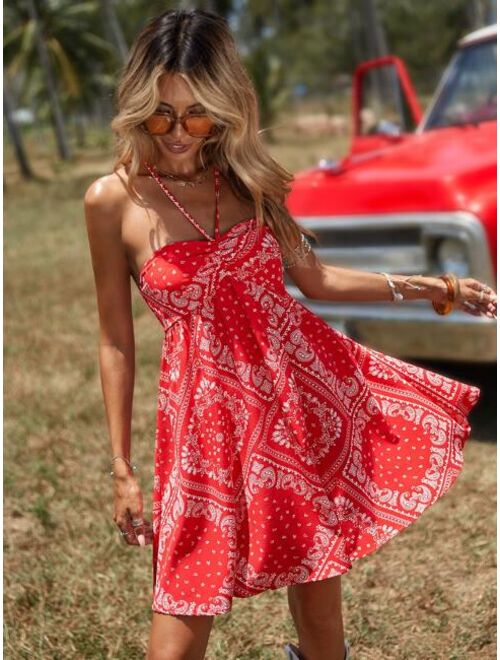 SHEIN VCAY Paisley Scarf Print Ruched Bust Tie Backless Halter Dress