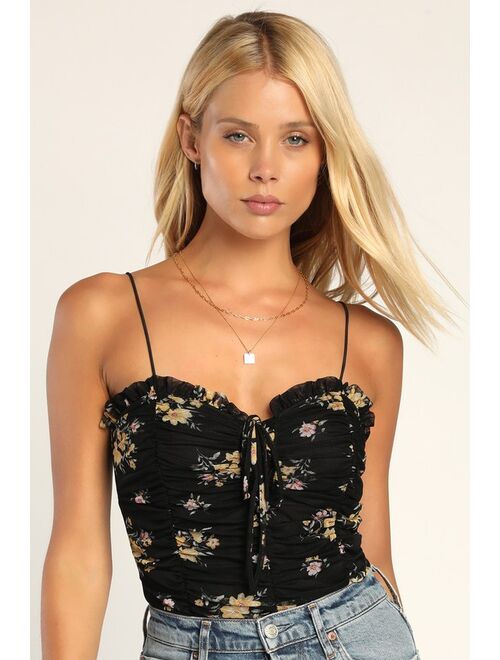 Lulus Forever in Blossom Black Floral Print Ruched Mesh Bodysuit