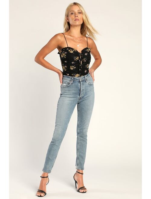 Lulus Forever in Blossom Black Floral Print Ruched Mesh Bodysuit