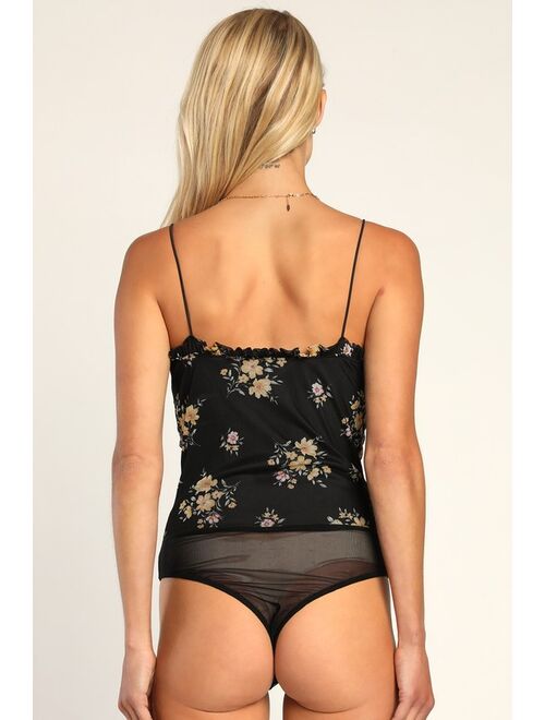 Lulus Forever in Blossom Black Floral Print Ruched Mesh Bodysuit