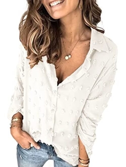 Astylish Women Pompom Button Down Shirt Casual Blouse Top