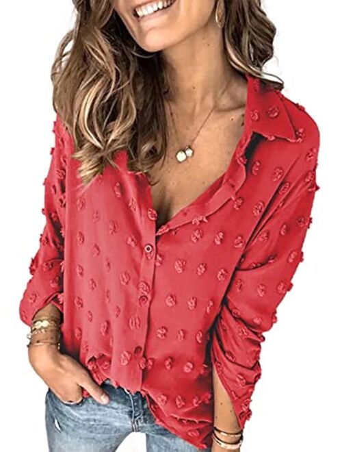 Astylish Women Pompom Button Down Shirt Casual Blouse Top