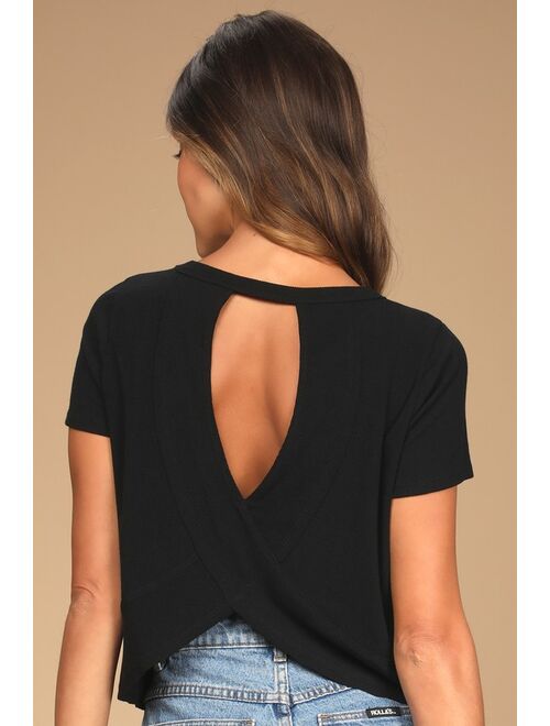 Lulus Boosted Basic Black Ribbed Cutout Short Sleeve Top