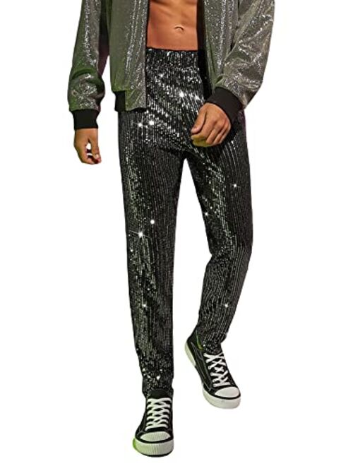 WDIRARA Men's Contrast Sequin Carrot Pants Elastic Waist Skinny Straight Leg Pants