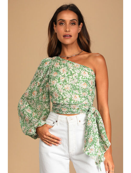 Lulus Grow Toward Love Green Floral Print Pleated One-Shoulder Top