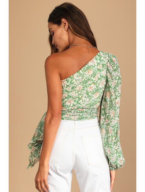 Lulus Grow Toward Love Green Floral Print Pleated One-Shoulder Top