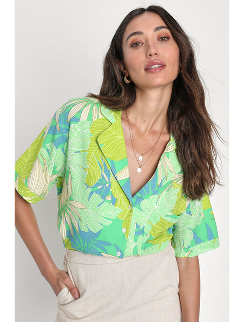 Lulus South Beach Sweetie Green Tropical Print Linen Button-Up Top