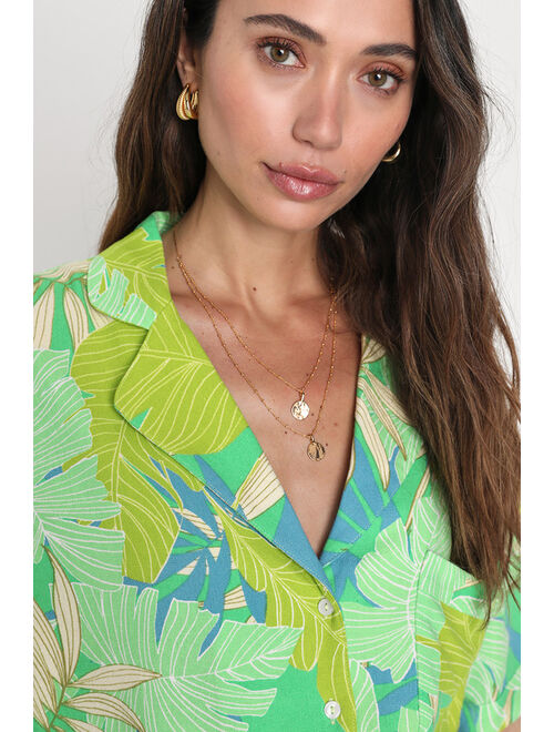 Lulus South Beach Sweetie Green Tropical Print Linen Button-Up Top