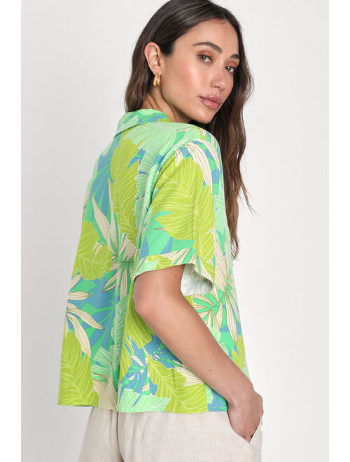 Lulus South Beach Sweetie Green Tropical Print Linen Button-Up Top