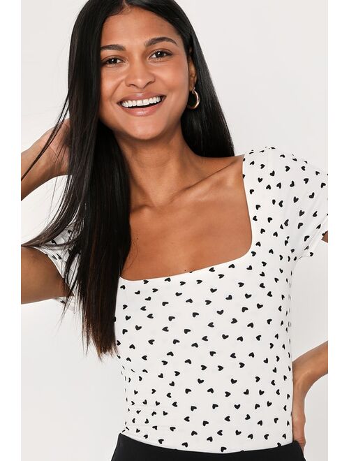 Lulus Best Love White Heart Print Square Neck Short Sleeve Top