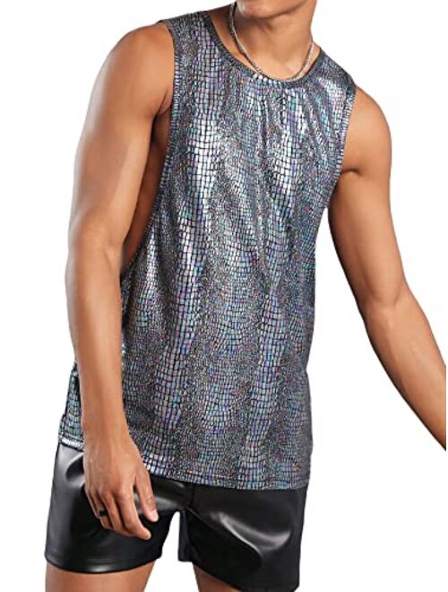 WDIRARA Men's Sequin Sleeveless Round Neck Tank Top T Shirt Party Top