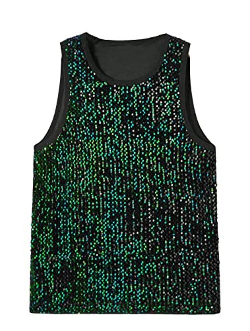 WDIRARA Men's Sequin Sleeveless Round Neck Tank Top T Shirt Party Top