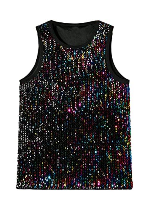 WDIRARA Men's Sequin Sleeveless Round Neck Tank Top T Shirt Party Top