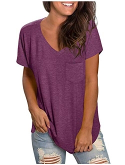 WEESO Womens V Neck Short Sleeve Tops Loose Fit Summer Casual T Shirts with Pocket