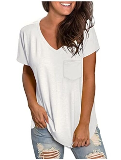 WEESO Womens V Neck Short Sleeve Tops Loose Fit Summer Casual T Shirts with Pocket