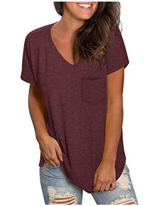 WEESO Womens V Neck Short Sleeve Tops Loose Fit Summer Casual T Shirts with Pocket