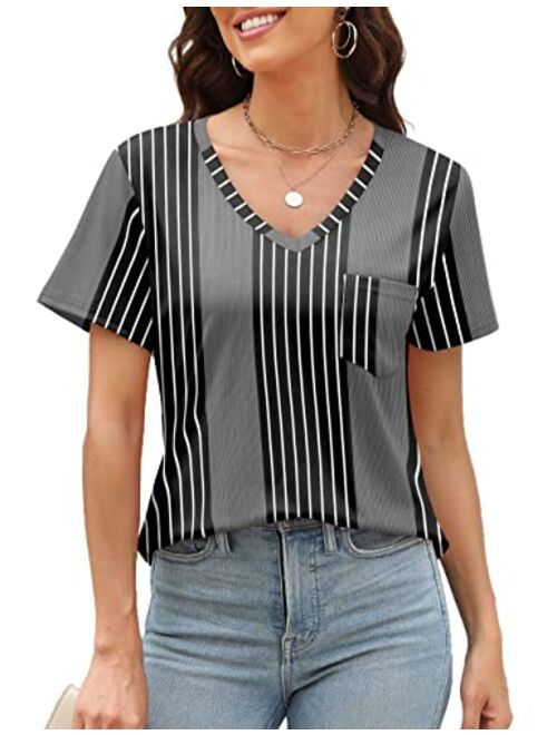 WEESO Womens V Neck Short Sleeve Tops Loose Fit Summer Casual T Shirts with Pocket