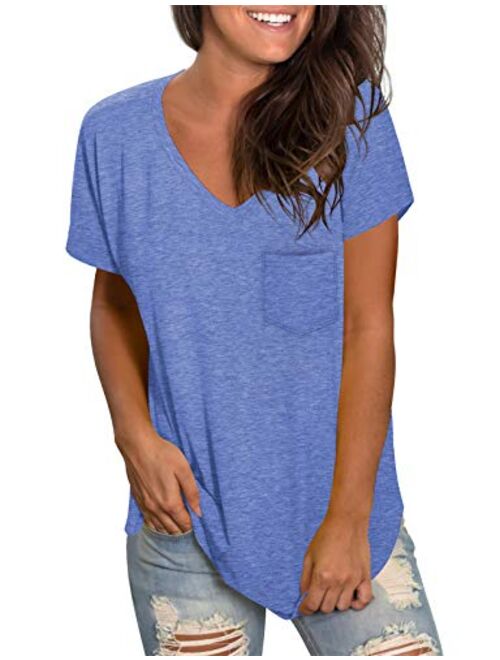 WEESO Womens V Neck Short Sleeve Tops Loose Fit Summer Casual T Shirts with Pocket