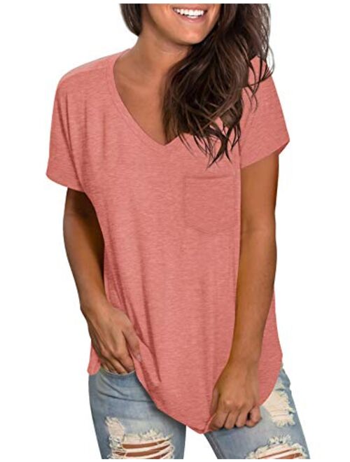 WEESO Womens V Neck Short Sleeve Tops Loose Fit Summer Casual T Shirts with Pocket