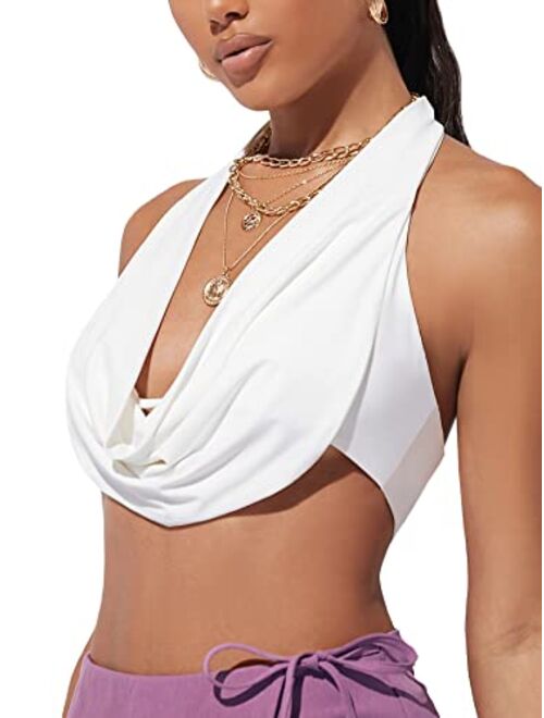 Verdusa Women's Ruched Draped Neck Tie Backless Crop Halter Top