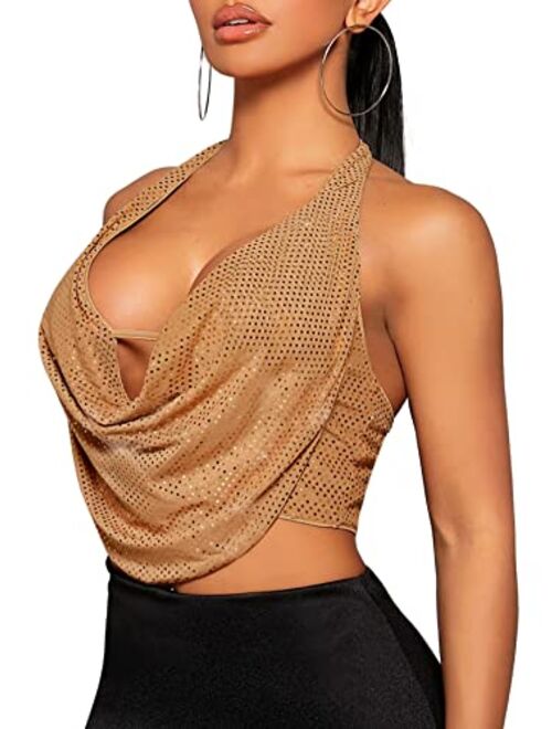 Verdusa Women's Ruched Draped Neck Tie Backless Crop Halter Top