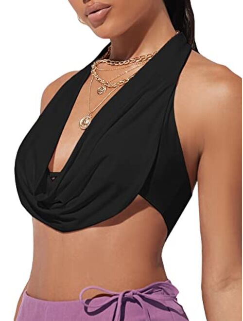 Verdusa Women's Ruched Draped Neck Tie Backless Crop Halter Top