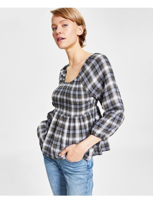 TOMMY JEANS Women's Plaid Smocked Peplum Top