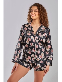 ICOLLECTION Women's Cyrus Floral Satin Pajama Short Set with Cuff Detail