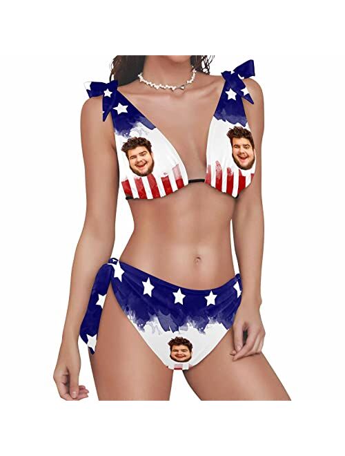 Artsadd Custom Woman's American Flag Bikini with Face Personalized Photo on Bathing Suit for Women