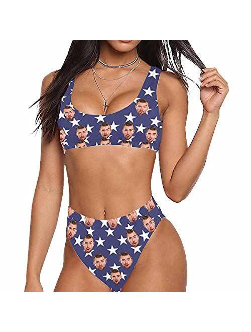 Artsadd Custom Woman's American Flag Bikini with Face Personalized Photo on Bathing Suit for Women