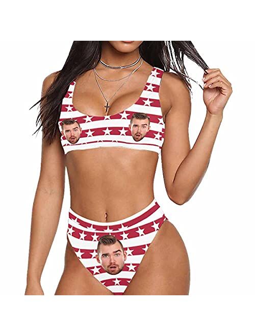 Artsadd Custom Woman's American Flag Bikini with Face Personalized Photo on Bathing Suit for Women