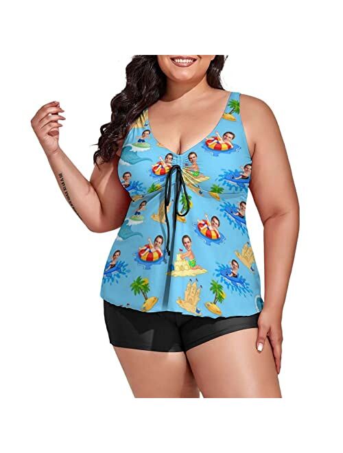 D-Story Custom Plus Size Swimsuits for Women Modest Tankini Bathing Suits, Face Personalized Two Piece Swimsuit Tummy Control