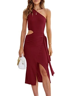 Women's Summer Sexy One Shoulder Cutout Bodycon Slit Midi Party Dress Sleeveless Tie Waist Cocktail Dresses