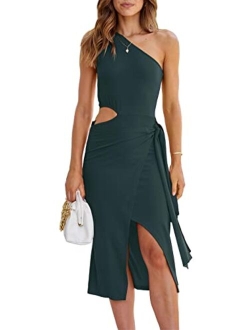 Women's Summer Sexy One Shoulder Cutout Bodycon Slit Midi Party Dress Sleeveless Tie Waist Cocktail Dresses