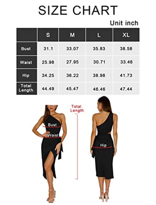 PRETTYGARDEN Women's Summer Sexy One Shoulder Cutout Bodycon Slit Midi Party Dress Sleeveless Tie Waist Cocktail Dresses