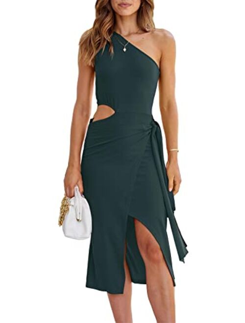 PRETTYGARDEN Women's Summer Sexy One Shoulder Cutout Bodycon Slit Midi Party Dress Sleeveless Tie Waist Cocktail Dresses