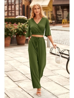 2 Piece Outfits for Women 2023 Summer Short Sleeve Wrap V Neck Crop Tops Wide Leg Pants Set