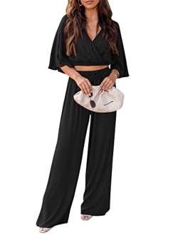 2 Piece Outfits for Women 2023 Summer Short Sleeve Wrap V Neck Crop Tops Wide Leg Pants Set