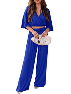 2 Piece Outfits for Women 2023 Summer Short Sleeve Wrap V Neck Crop Tops Wide Leg Pants Set