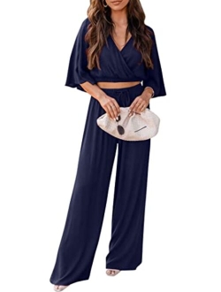 2 Piece Outfits for Women 2023 Summer Short Sleeve Wrap V Neck Crop Tops Wide Leg Pants Set