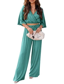 2 Piece Outfits for Women 2023 Summer Short Sleeve Wrap V Neck Crop Tops Wide Leg Pants Set