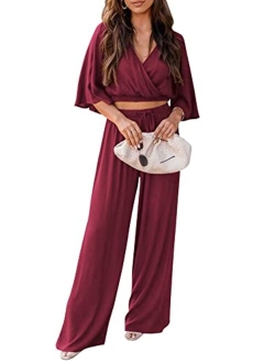 2 Piece Outfits for Women 2023 Summer Short Sleeve Wrap V Neck Crop Tops Wide Leg Pants Set