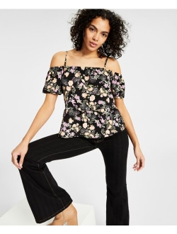 HIPPIE ROSE Juniors' Elasticized Short-Sleeve Cold-Shoulder Top