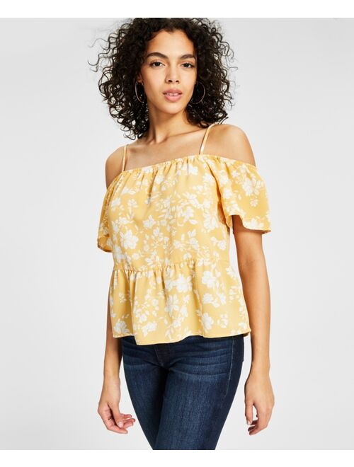 HIPPIE ROSE Juniors' Elasticized Short-Sleeve Cold-Shoulder Top