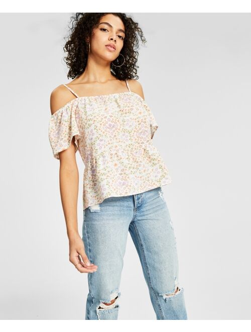 HIPPIE ROSE Juniors' Elasticized Short-Sleeve Cold-Shoulder Top