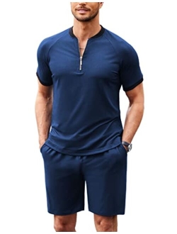 Men's 2 Pieces Outfits Cotton Quarter Zip T Shirt and Shorts Set Casual Athletic Suit Summer Tracksuits